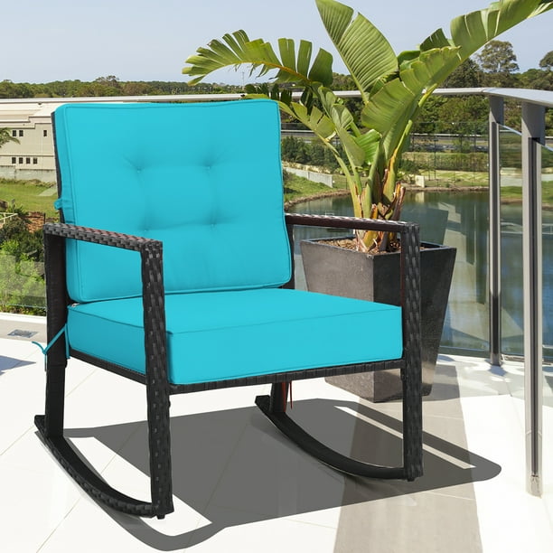 Costway Patio Rattan Rocker Chair, Turquoise Outdoor Furniture Cushions