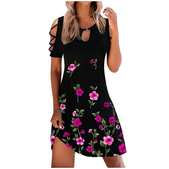 Summer Dresses for Women 2022, Sundress Strappy Cold Shoulder Floral Summer Dress