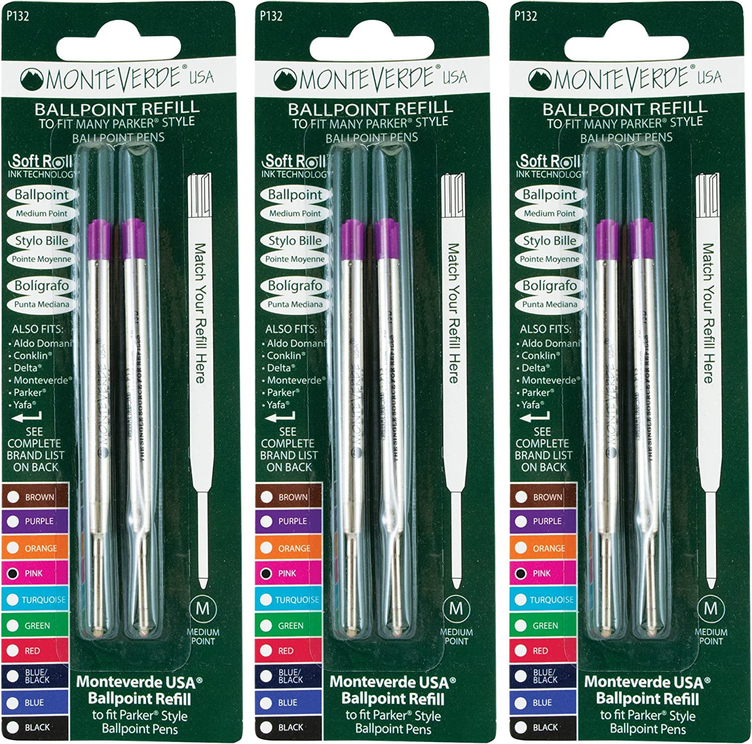 Monteverde Ballpoint Pen Refill Medium Point Pink Ink 6 Pack (P133PK)