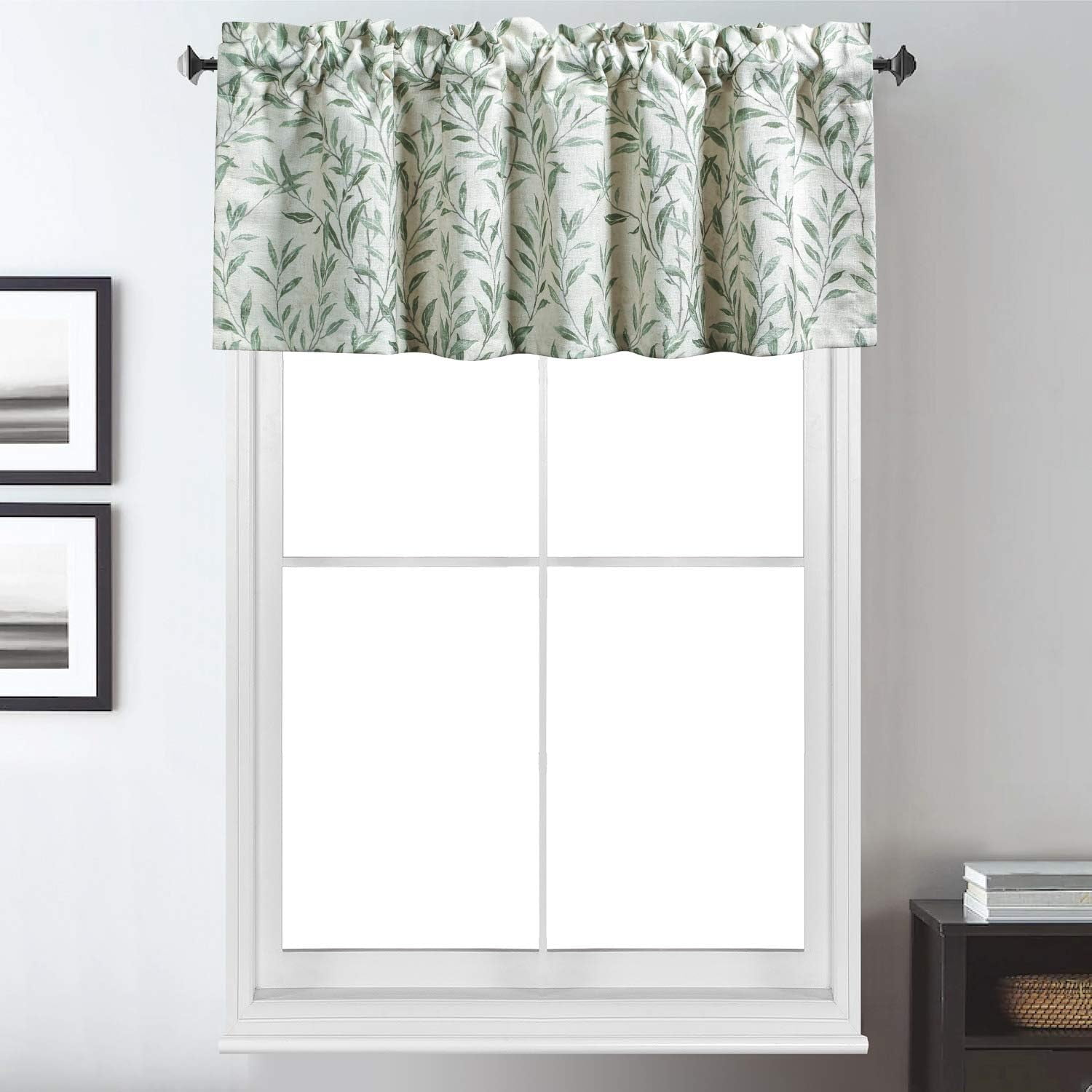Kitchen Curtains 24 Inch Length, Green Leaves Print Linen Texture Short Tier Curtains Rod Pocket Valances for Dining Room, 30 x 24, 2 Panels