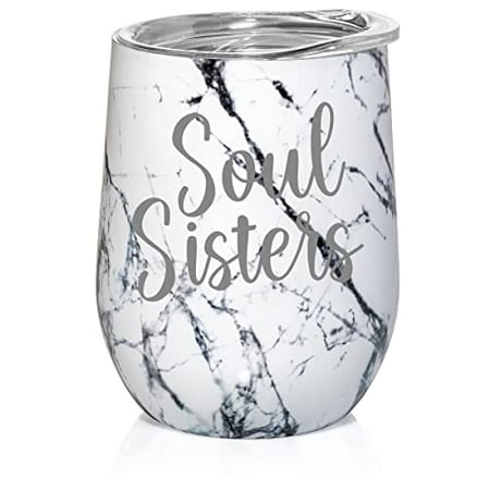 

12 oz Double Wall Vacuum Insulated Stainless Steel Stemless Wine Tumbler Glass Coffee Travel Mug With Soul Sisters Best Friend Coworker Gift (Black White Marble)