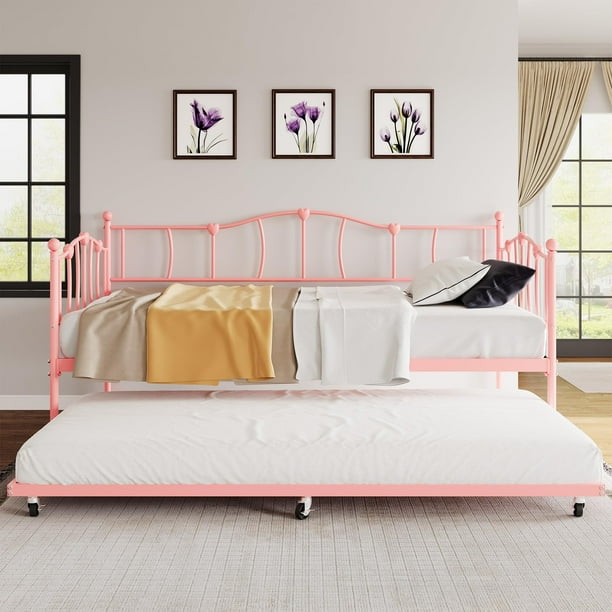 QinaQin Diván individual de metal con cama nido deslizable y cabecera, estructura resistente con soporte de listones de acero para sala o recámara