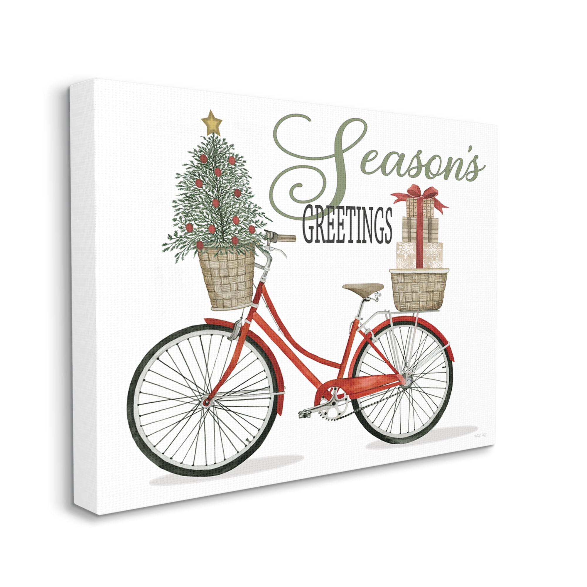 Season's Greetings Festive Holiday Bicycle Gifts Basket Inspirational Graphic Art Gallery-Wrapped Canvas Print Wall Art