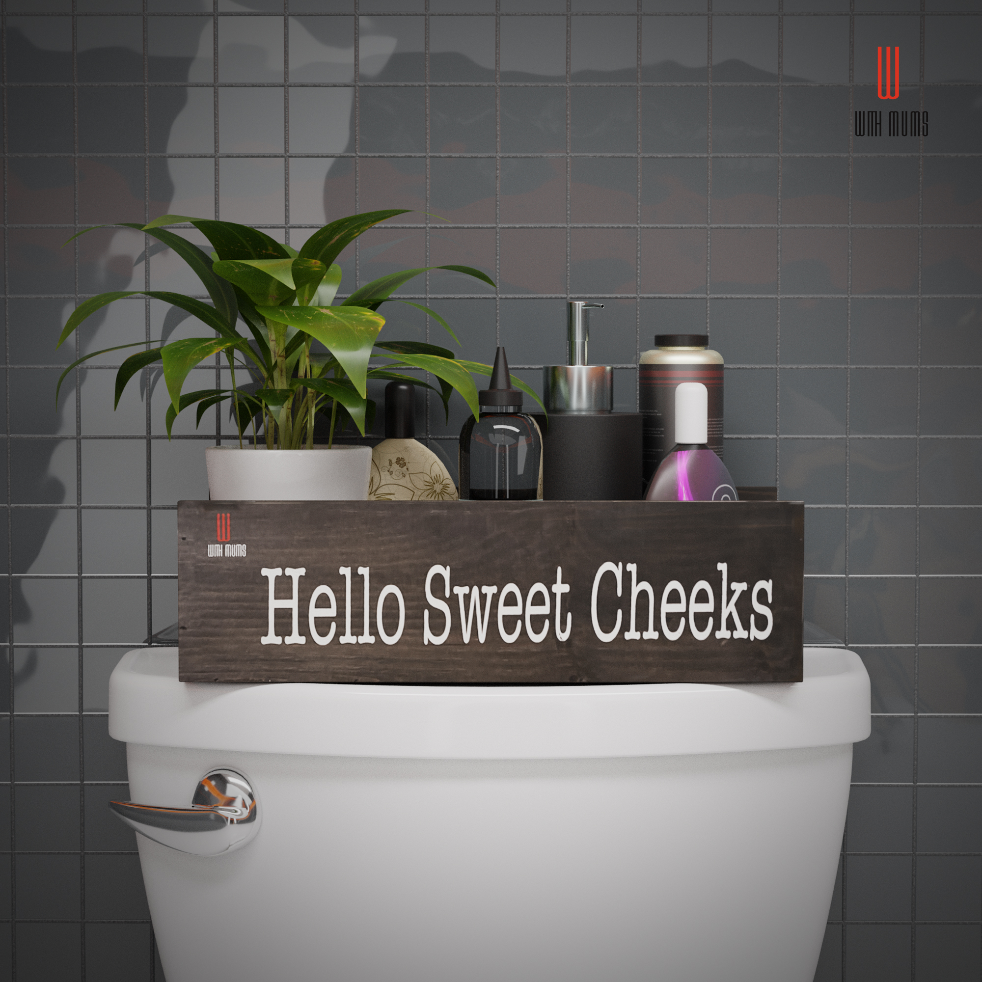 With Mums Rustic Bathroom Toilet Paper Holder – Solid Pine Wood Storage Box with “Hello Sweet Cheeks” Design – Fits Most Toilet Tank Tops – Brown