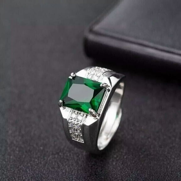 3Ct Emerald Lab-Created Green Emerald Men's Wedding Ring in 14K White Gold Plated