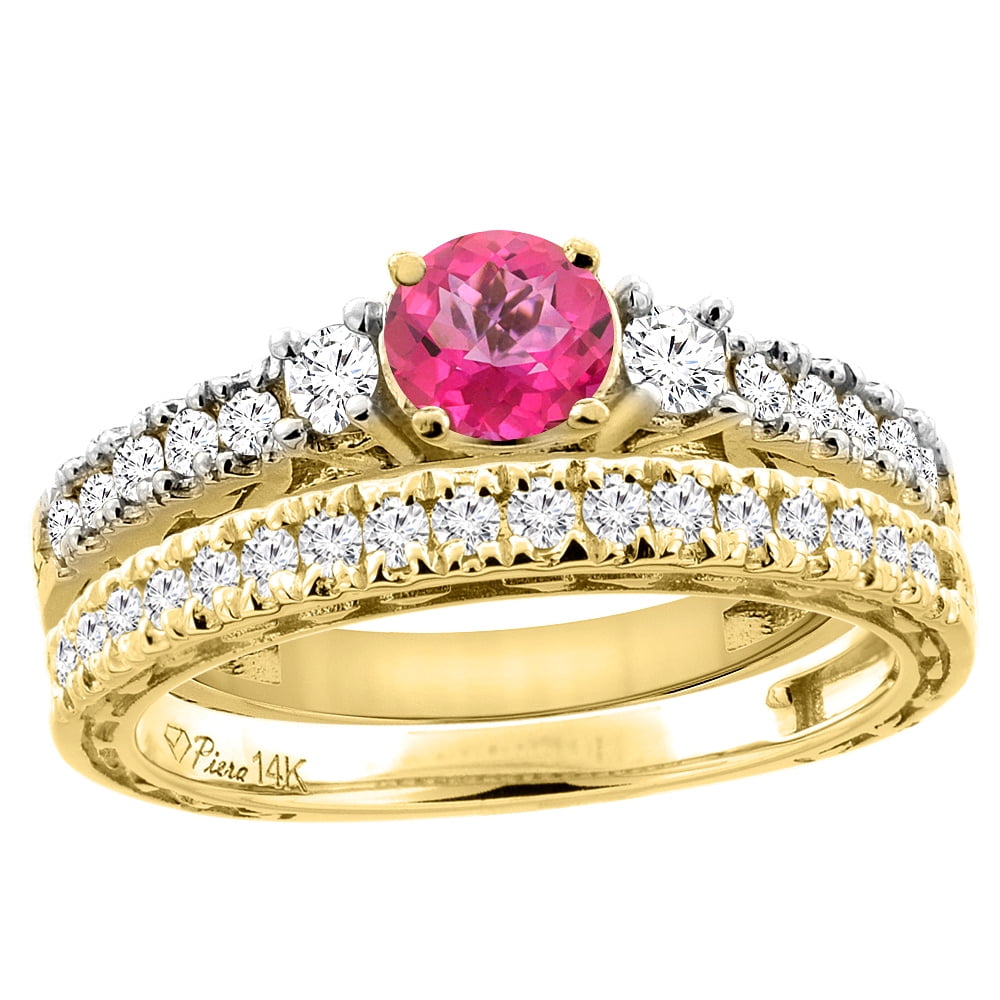 14K Yellow Gold Diamond Natural Pink Topaz Engagement 2-pc Ring Set Engraved Round 6 mm, size 5 by Gabriella Gold