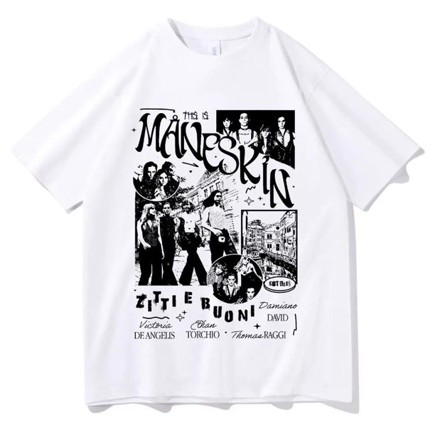 Camiseta de Maneskin de banda de Rock italiana camiseta con estampado gráfico de álbum de música ropa de calle Vintage de gran tamaño para hombres y mujeres camiseta de talla europea