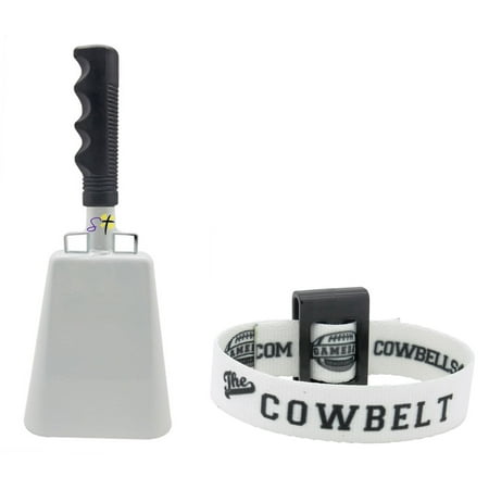 Bundle 9.6 inch White Bell Black Handle Cowbell with Stick Grip Handle and White Cowbelt Holster by Stewart Tradingâ?¢