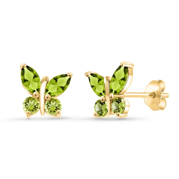 Gem Stone King 18K Yellow Gold Plated Silver Marquise Green Peridot Butterfly Earrings for Women (1.48 Cttw, Gemstone August Birthstone, Center Stone: 6X3MM, Small Stones: 3MM)