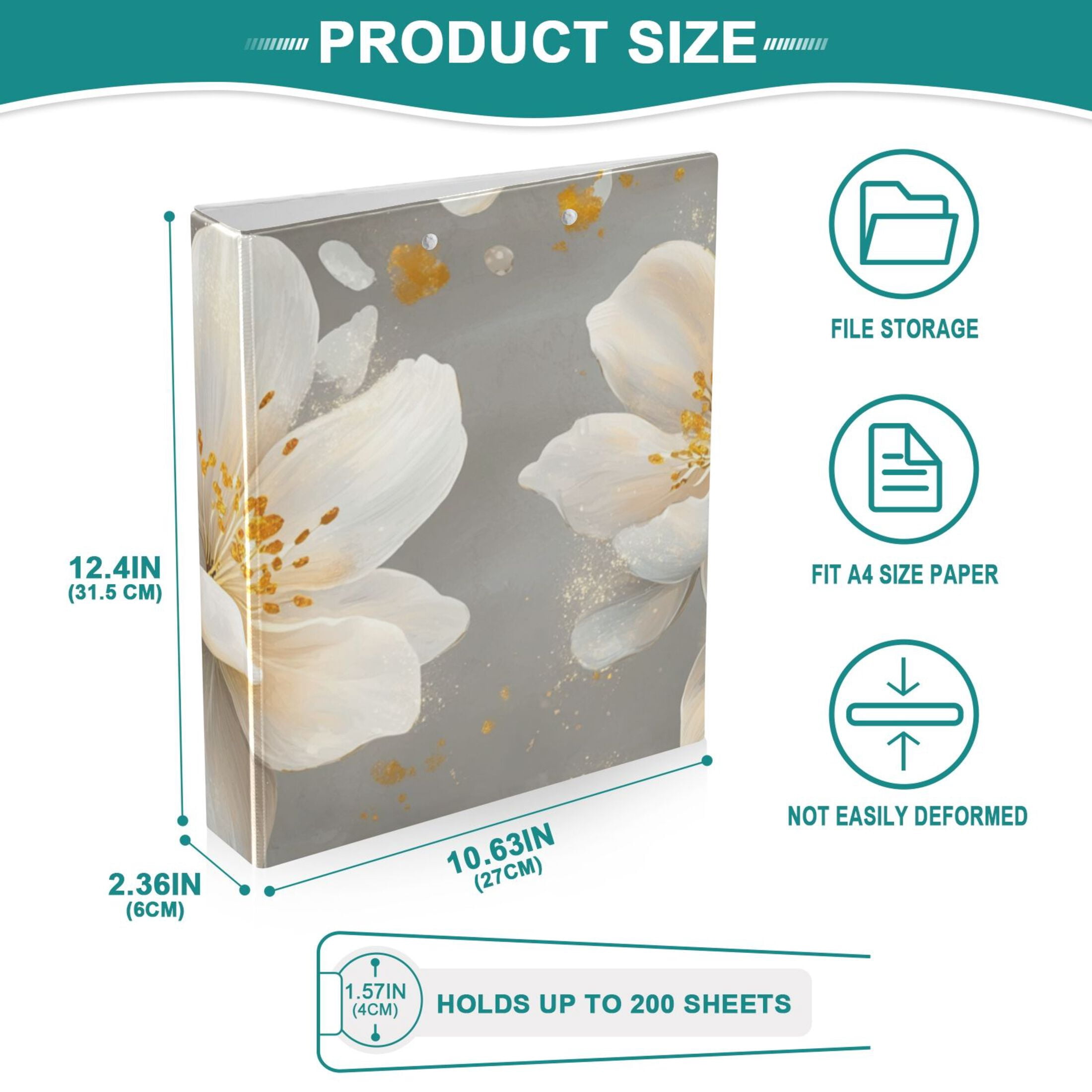 Pretty White Flowers 3 Ring Binders 1.5 inch Hardcover File Folders with Interior Pockets A4 Size Organizer for School Office Hospital
