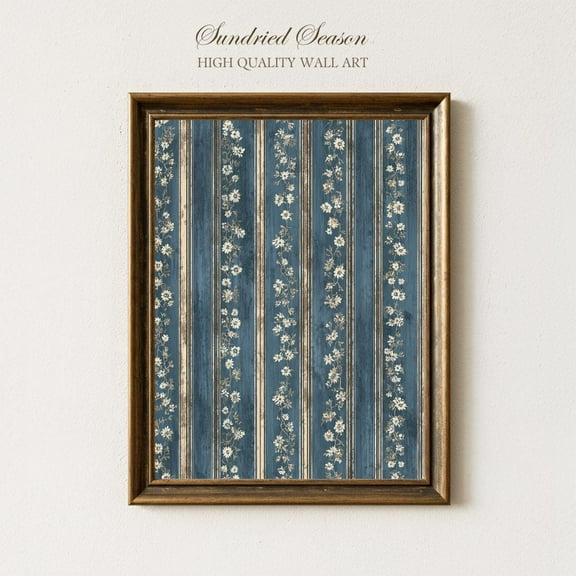 Vintage Floral Stripe Art Print, Faded Blue & Cream Shabby Chic Wall Decor, Romantic Cottagecore Poster For Bedroom, Hallway Or Entryway UNFRAMED Poster, Wall Art for Decor, Present, 8x12