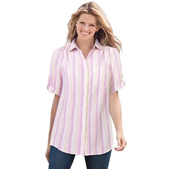 Woman Within Plus Size Short-Sleeve Button Down Seersucker Shirt