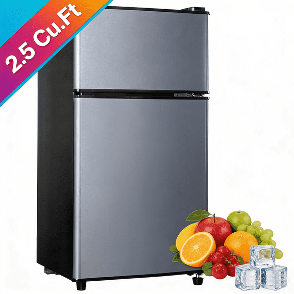 GGTB 2.5 Cu.ft Compact Refrigerators Double Door Mini Fridge with Top Freezer, 7-Level Adjustable Thermostat for Dorm Bedroom Office, Silver