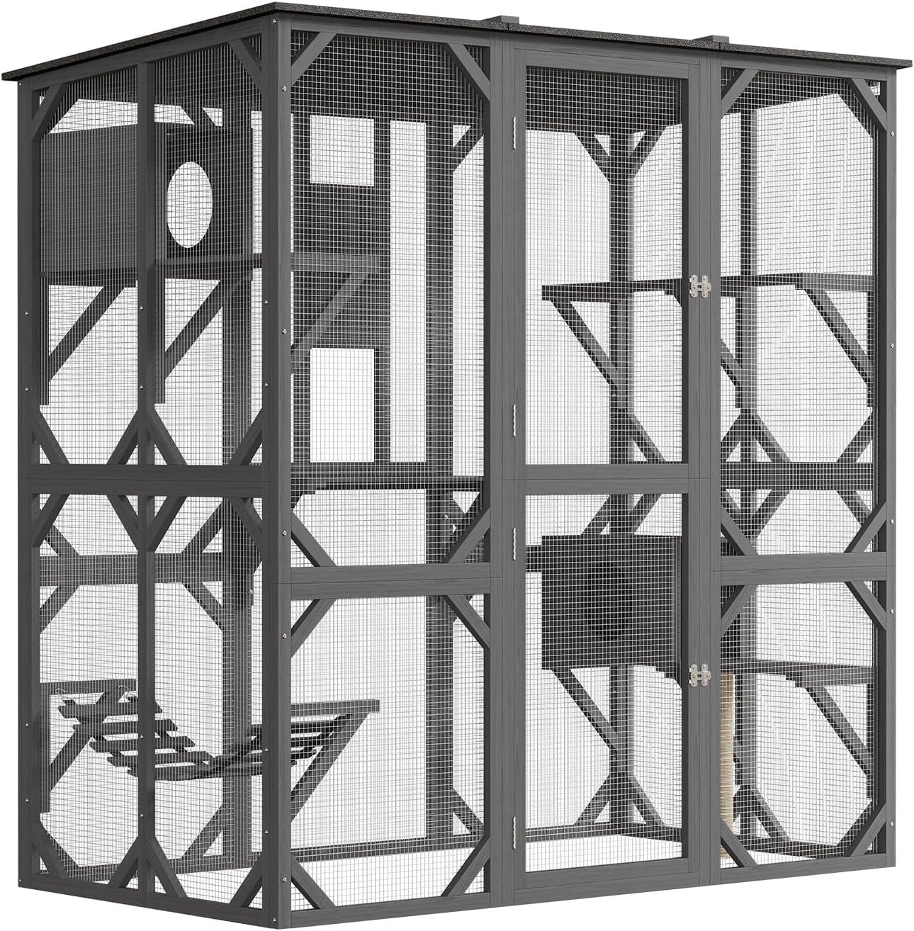 LIZHOUMIL 70" Catio Enclosure, Wooden Outdoor Cat House w/Asphalt Roof, Multi-Level