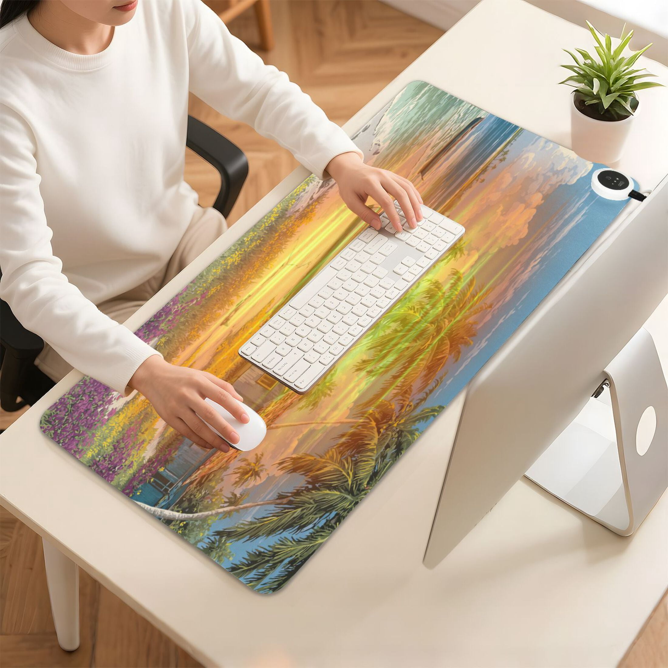 Large Heated Desk Mat Mouse Pad 31.5"x13"PU Leather Graphene Heating Desk Warmer with 3 Temperature Settings 110V US Plug Non-Slip Warm Pad for Home, Office, and Gaming Tropical Beach Hut Escape
