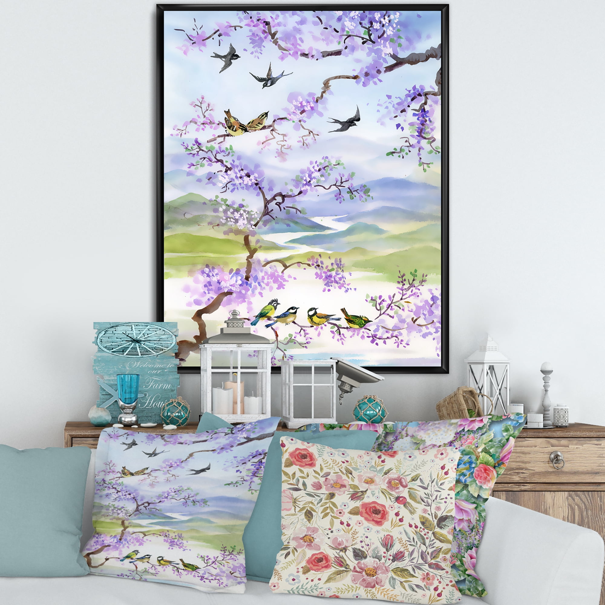Designart 'Birds Sitting On Cherry Branch' Traditional Framed Canvas Wall Art Print