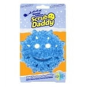 Scrub Daddy Winter Shaped Sponges, Snow Flake, featuring a blue snowflake-shaped sponge with a smiling face design. Packaged in a festive winter-themed box with the Scrub Daddy logo. Made from durable FlexTexture material, these sponges are scratch-resistant and water-absorbent, ideal for cleaning dishes, pots, pans, and sinks.