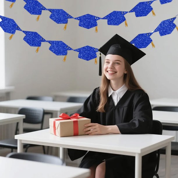 Guirnalda de birretes de graduación, pancarta de doble capa con purpurina, decoración de birrete para fiestas de instituto y universidad.