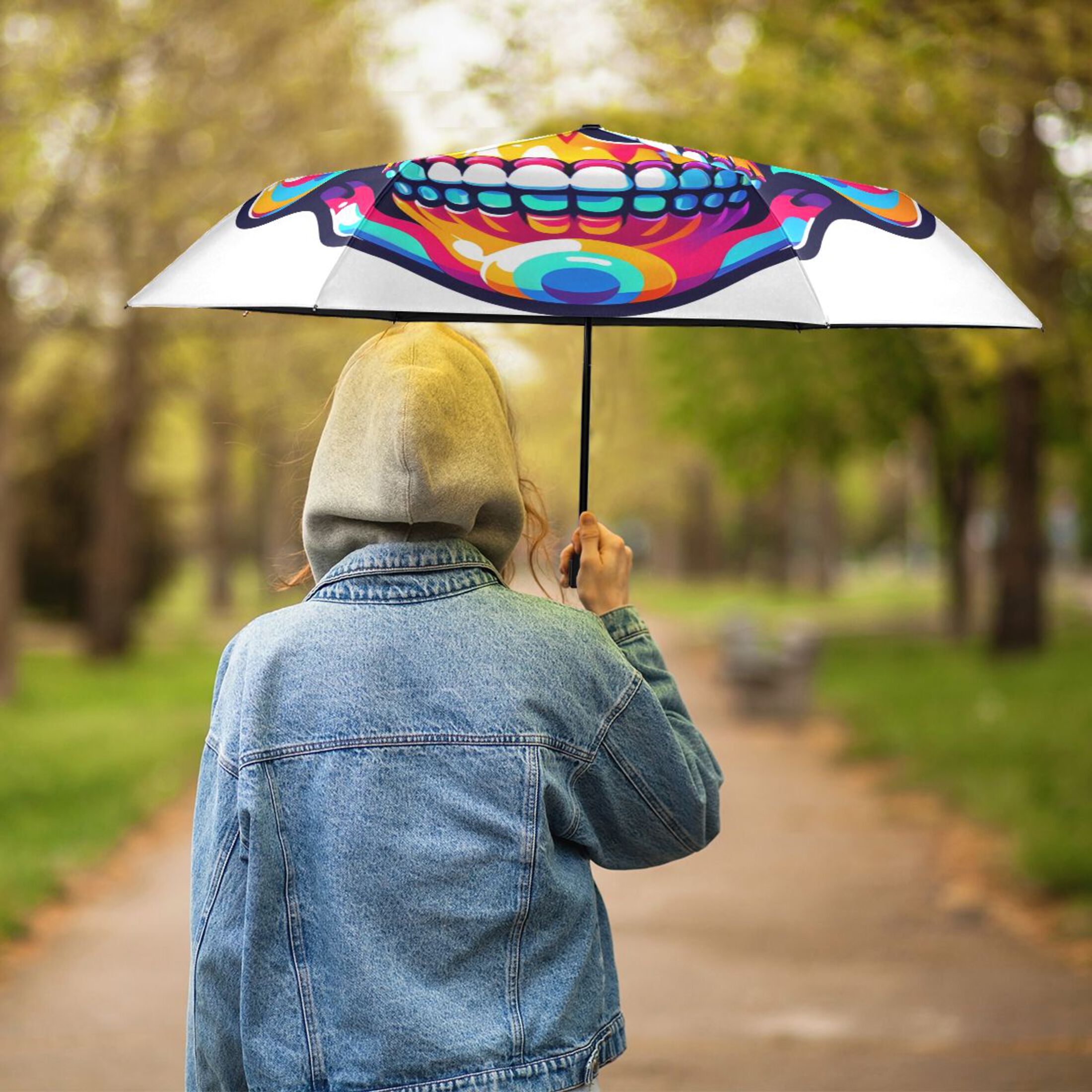 Rainbow Cute Skull Head Compact Sun Umbrella Windproof Travel Umbrellas for Rain Strong Portable UV Protection