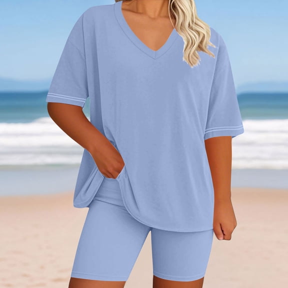Women's Summer Casual Two Piece Set V Neck Oversized Tunic Tops with Biker Shorts Soft Cotton Stretchy Outfits for Home Loungewear Sleepwear Casual Daily Wear Light Blue XXL