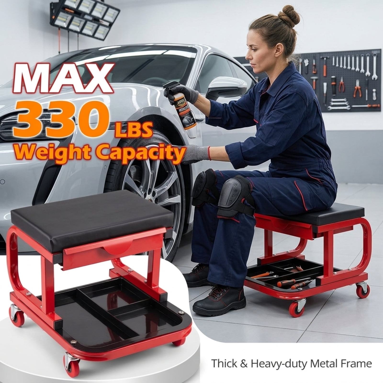 Biotree Rolling Shop Stool Adjustable Swivel Shop Seat 14.5" x 17.5" x 9" with Tool Storage for Garage Shop, Red