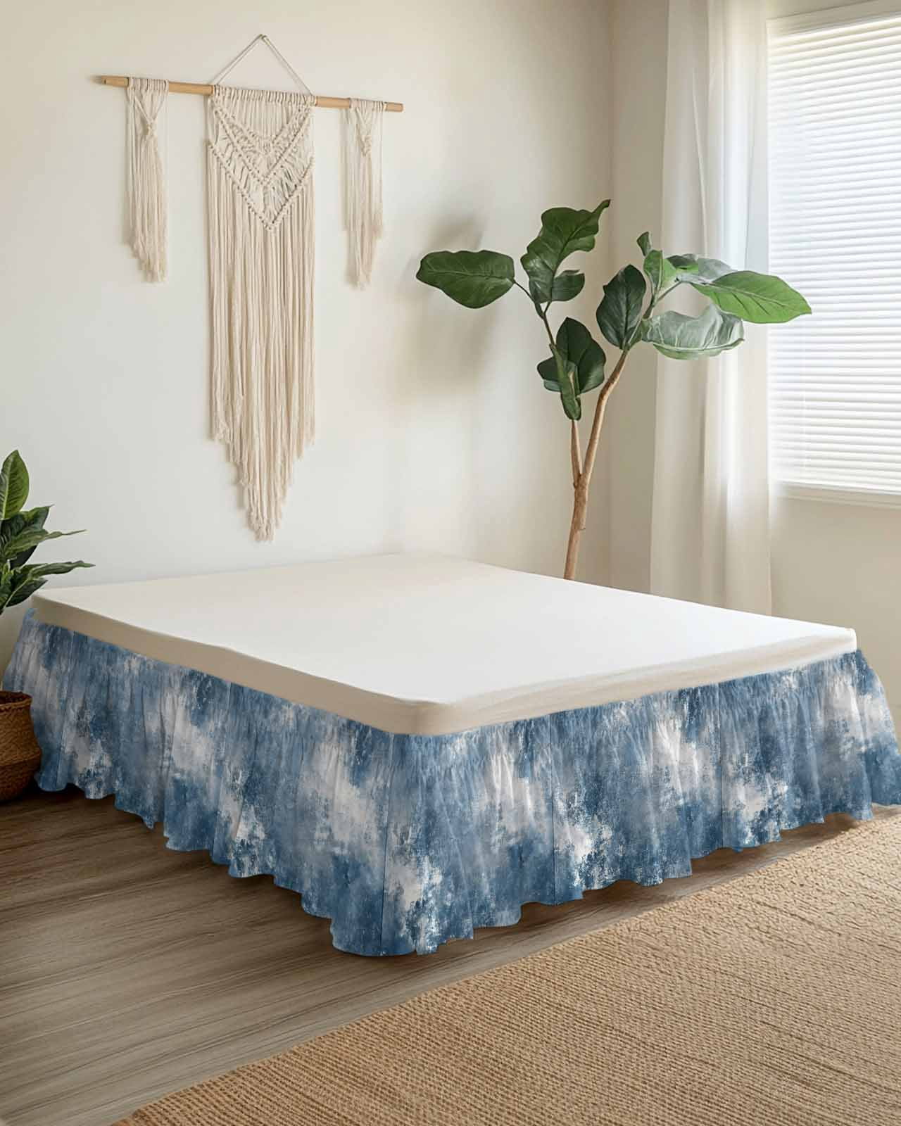 Blue Grey Wrap Around Bed Skirts for Queen Bed 16" Drop, Bed Skirt with Adjustable Elastic Belt Dust Ruffle Bed Valance for Bedroom Hotel Luxury Oil Painting Modern Abstract Bed Frame Cover