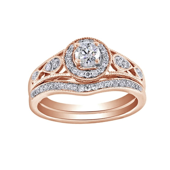 AFFY White Cubic Zirconia Engagement &Wedding Bridal Ring Set In 14K Rose Gold Over Sterling Silver (0.58 Cttw)