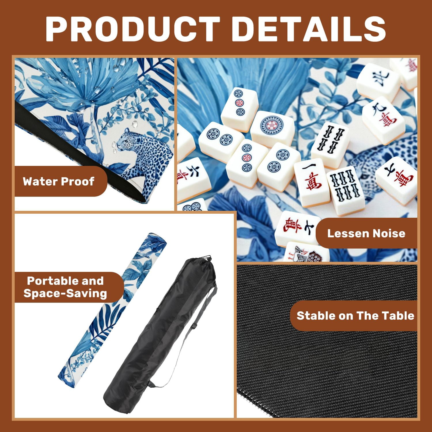 Mahjong Mat 31.5" x 31.5" Seamless white tropical leaves gold elements blue Non-Slip Noise Reduction American Mahjong Tiles Table Cover for Dominoes Poker Card Board Games Gift