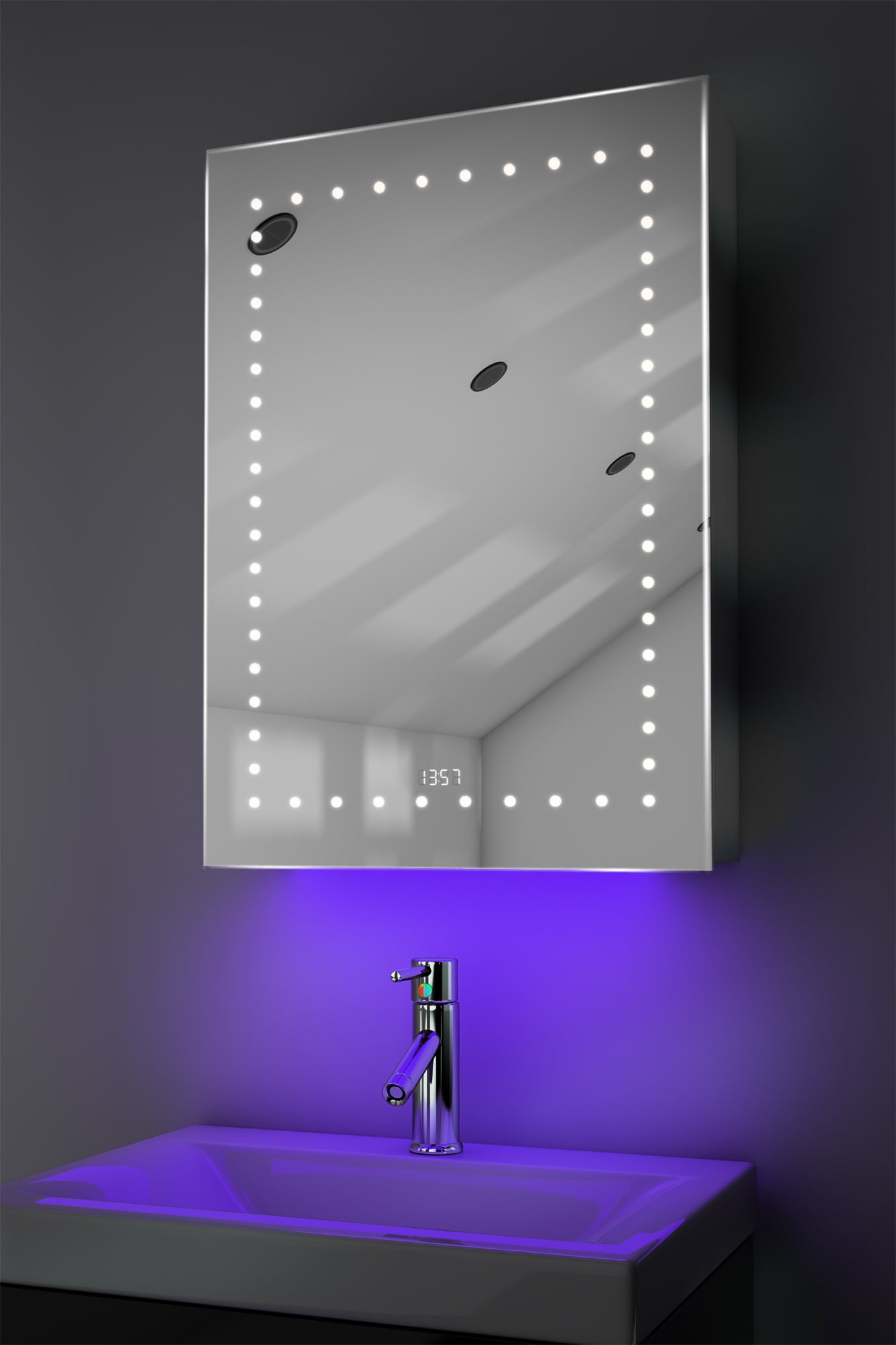 Clock Bathroom Mirror With LED Under Lighting, Demister, Sensor