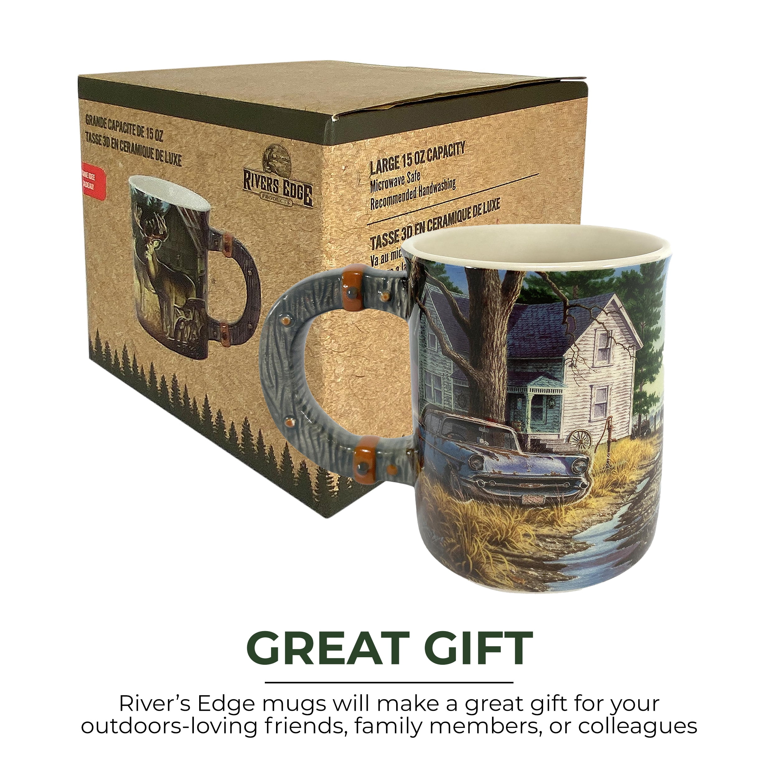 Rivers Edge Products Whitetail Deer 3D Ceramic Coffee Mug with Handle, 15 Ounces, Espresso Cups and Coffee Cups Ceramic, Perfect for Coffee, Expresso, Latte, or Tea, Deer on Farm