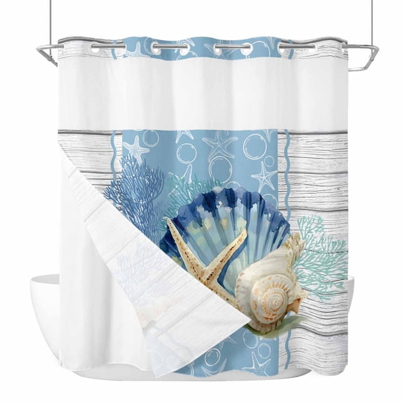 No Hook Shower Curtains with Snap-in Liner Set, Blue Coastal Starfish Waterproof Hotel Style Bathroom Shower Curtain, Vintage Wooden Nautical Coral Summer Breathable Mesh Top Bath Curtains 72''x78''