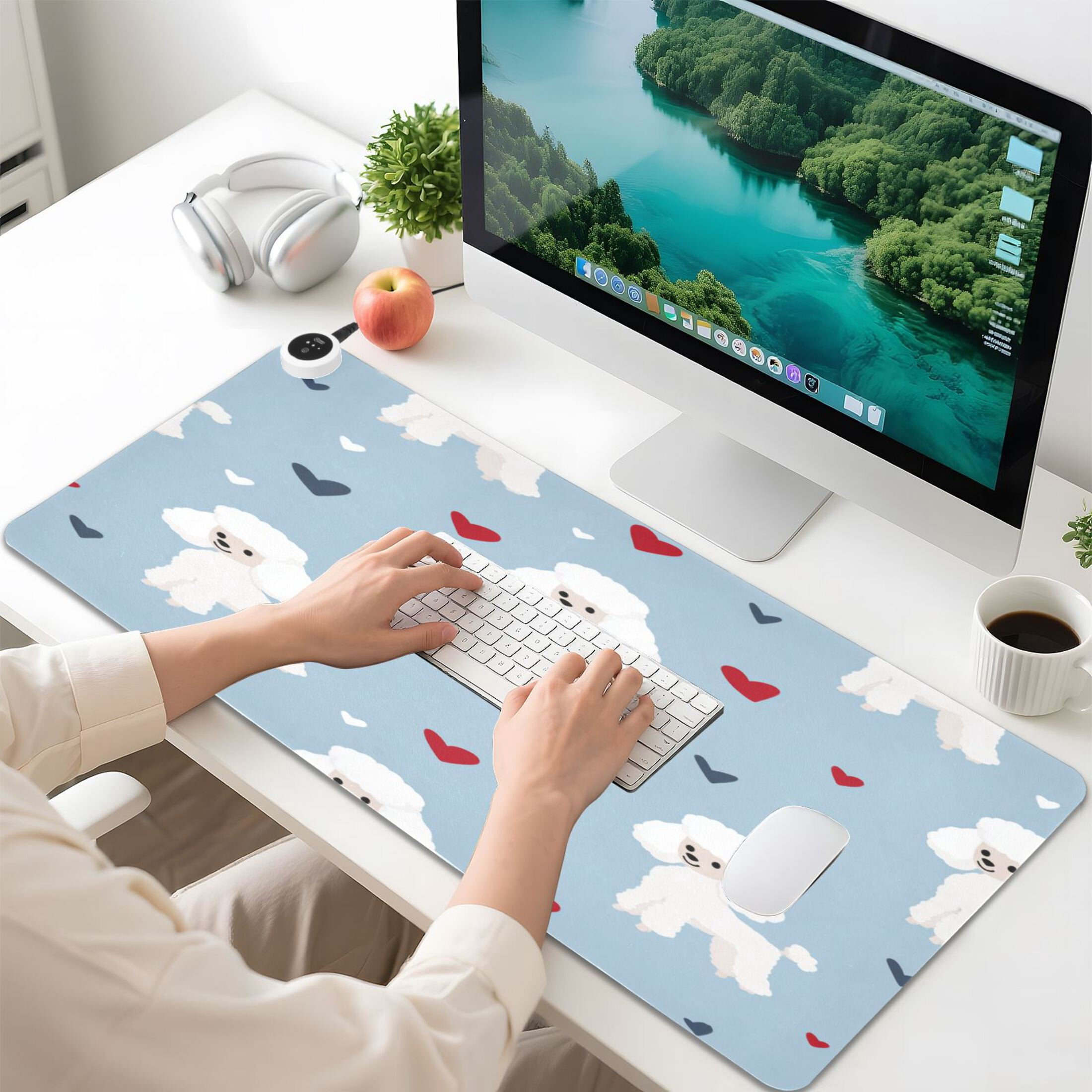 Large Heated Desk Mat Mouse Pad 31.5"x13"PU Leather Graphene Heating Desk Warmer with 3 Temperature Settings 110V US Plug Non-Slip Warm Pad for Home, Office, and Gaming Cute Sweet Poodle Hearts