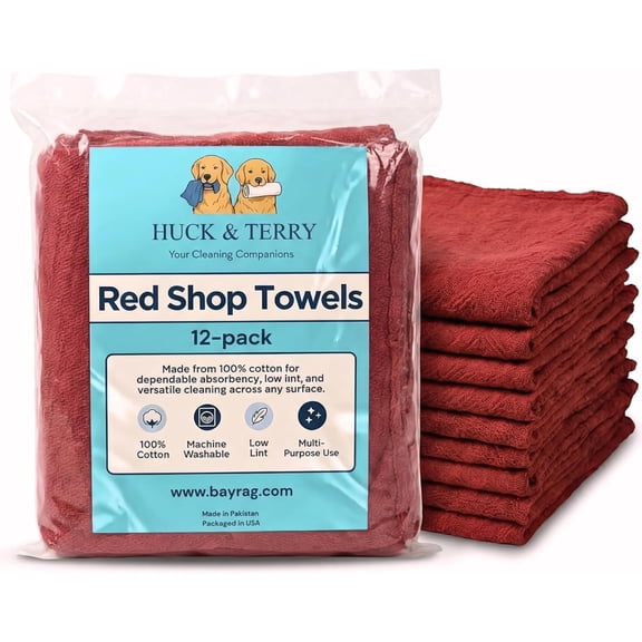 Premium Red Shop Towels (12 Pack), Red Shop Rags Bulk Cotton - Reusable Mechanic Towels, Washable Lint Free Cleaning Cloth for Garage, Automotive, Grease & Oil, (12 Pack, 1lb)