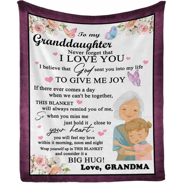 LHSHID Personalized Love Saying Message Text Blanket to My Granddaughter from Grandma When You Miss Me Just Hold It Close to Your Heart Flowers Custom Hug Blanket Gifts