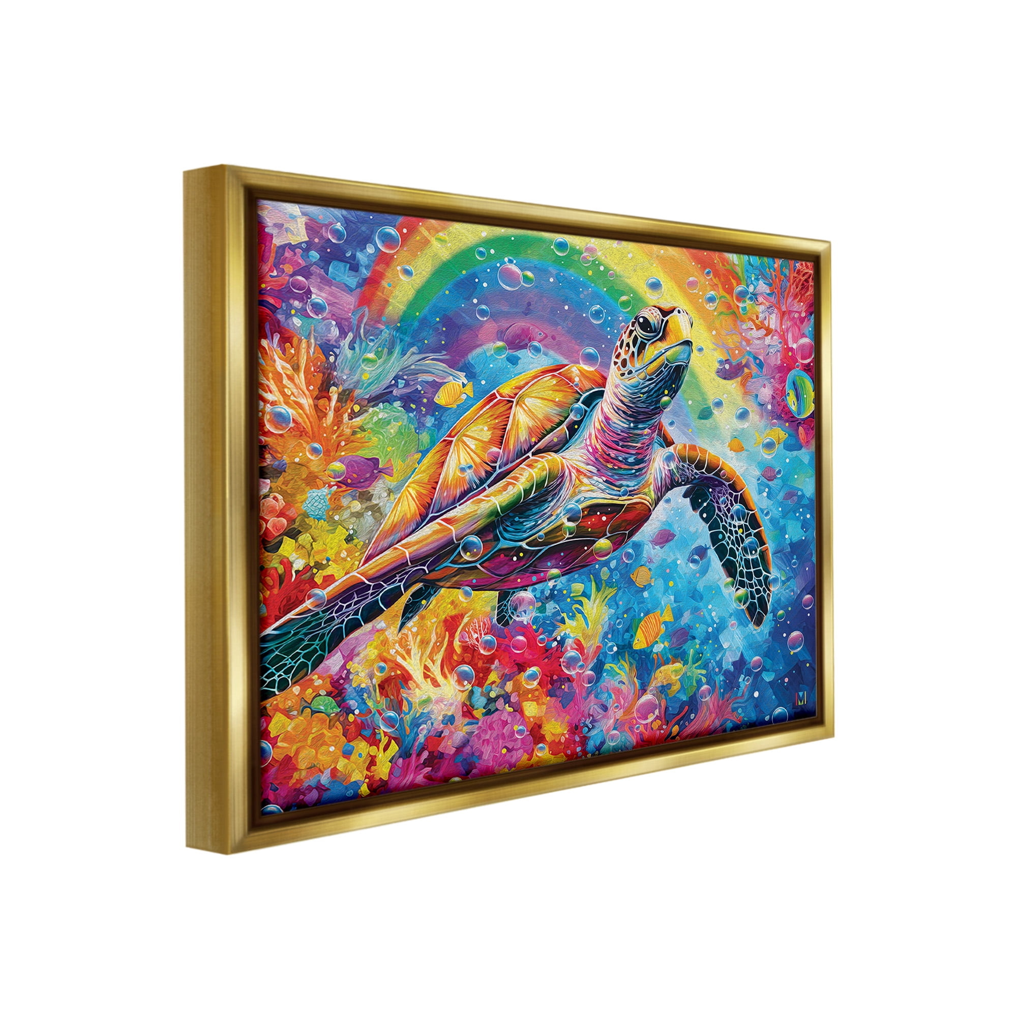 Stupell Industries Turtle with Underwater Rainbow Animals & Insects Painting Gold Floater Framed Canvas Art Print Wall Art, 31 x 25