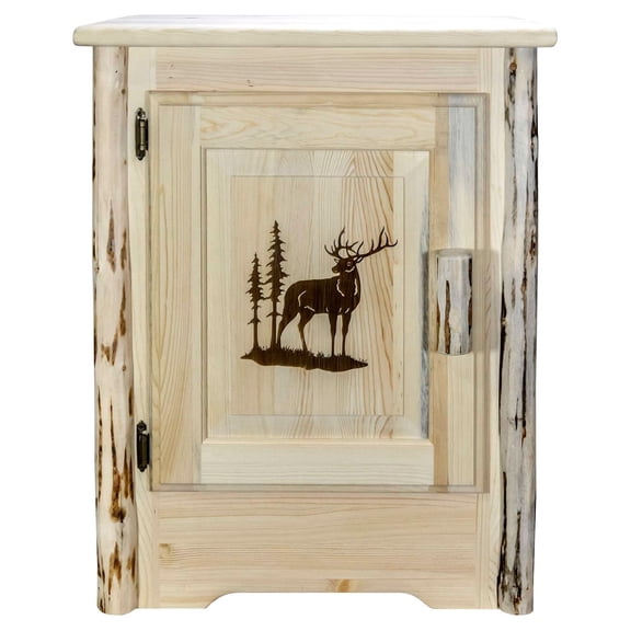 Montana Collection Accent Cabinet w/ Laser Engraved Elk Design, Left Hinged, Clear Lacquer Finish