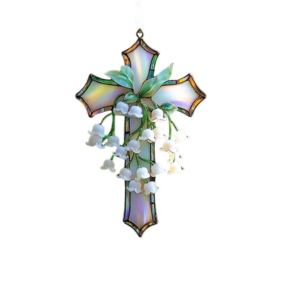 10cm Lily Of The Valley Cross Pendant, Floral Faith Hanging Ornament, Meaningful Wall Decor Plaque, Religious Craft Gift For Friends Home Indoor Display