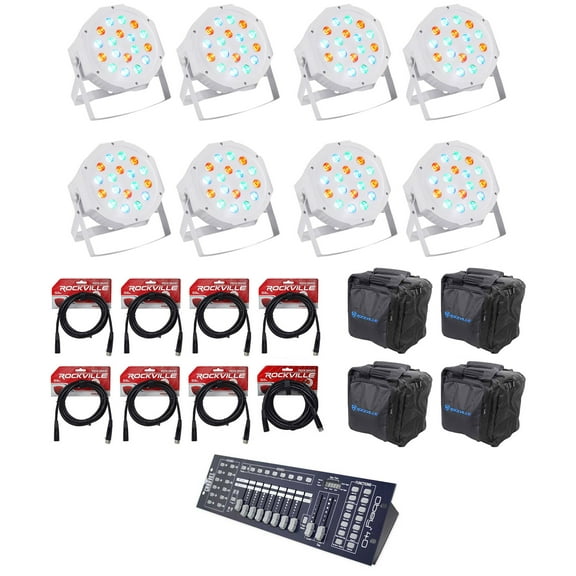 (8) FARENHEIT FHB-118 LED RGB DMX LED PAR Can Wash Lights Controller Cables Bags