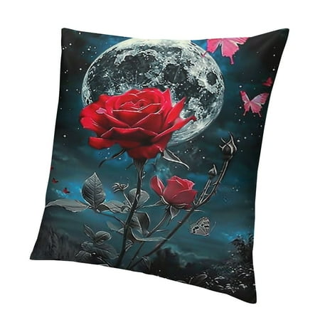 

QCPP Black and White Red Rose Blue Butterfly Night Moon Landscape Short Plush Pillowcase Cover for Car Couch Bedroom 1PC 24x24in