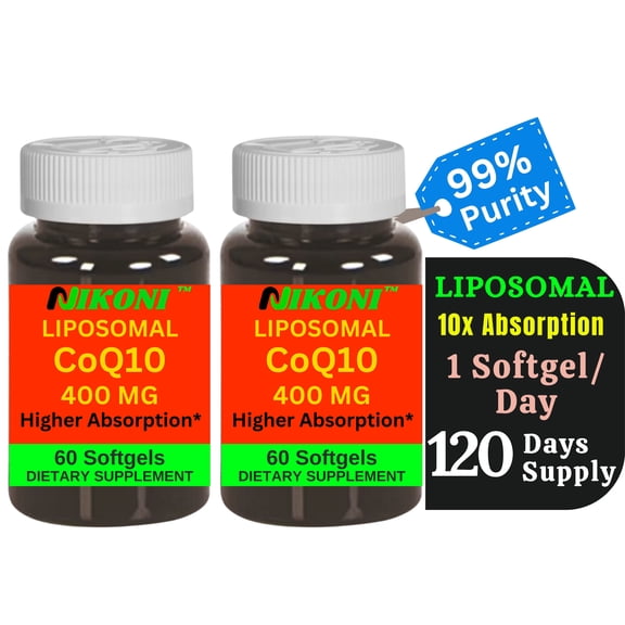 Nikoni Liposomal CoQ10 400 mg Co-Enzyme Q10 Cellular Energy and Blood Pressure Support 120 Softgels