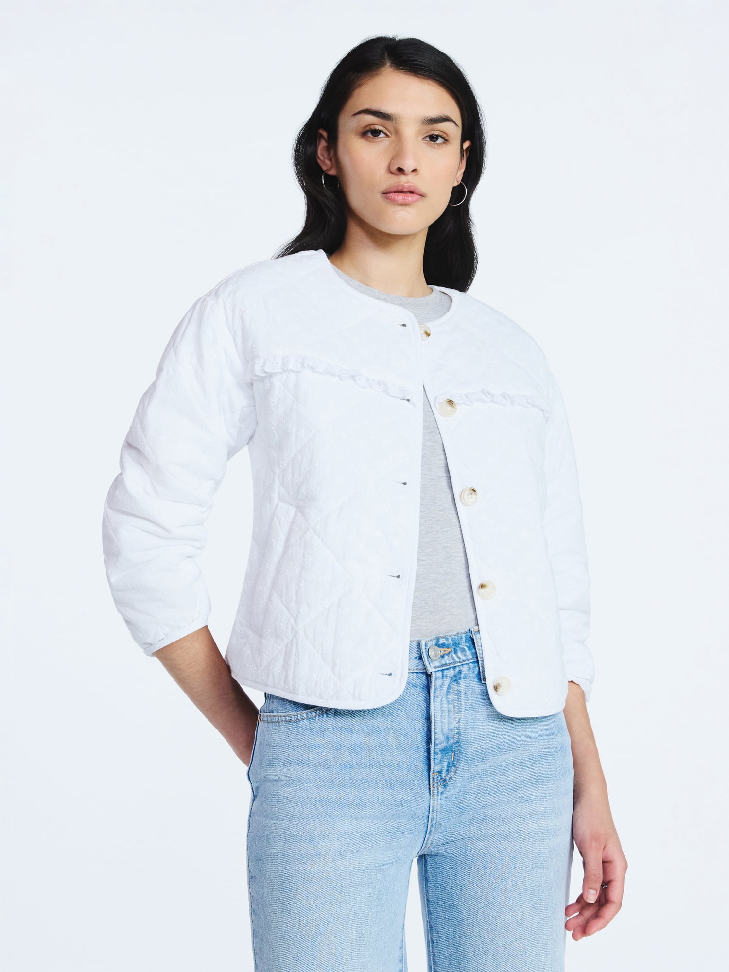 Scoop Women's Cotton Eyelet Jacket with Puff Sleeves, Sizes XS-XXL