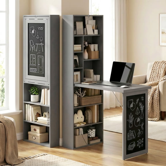 HOMCOM Fold-Out Wall Mounted Computer Desk with Storage Shelves, Convertible Folding Writing Desk Cabinet with Chalkboard, Adjustable Shelf, Space-Saving Home Office Desk, Charcoal Gray