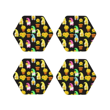 

Fuzoiu Gnomes With Sunflowers Print Leather Coasters Set Drink Coasters Set of 4 for Tabletop Protection Durable PVC Coasters Home Décor and Housewarming Gift-Hexagon