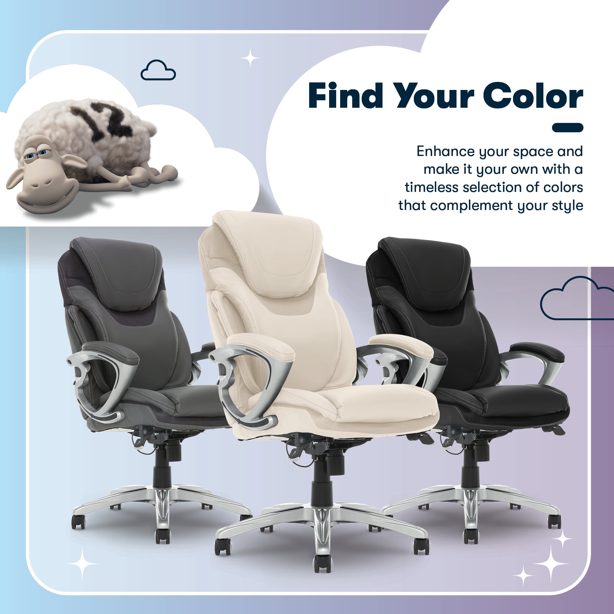 Serta Bryce Executive Office Chair, Ergonomic Computer Desk Chair with Patented AIR Lumbar Technology, Adjustable Height, Memory Foam Body Pillows, 360° Swivel Rolling Base, Bonded Leather, Cream