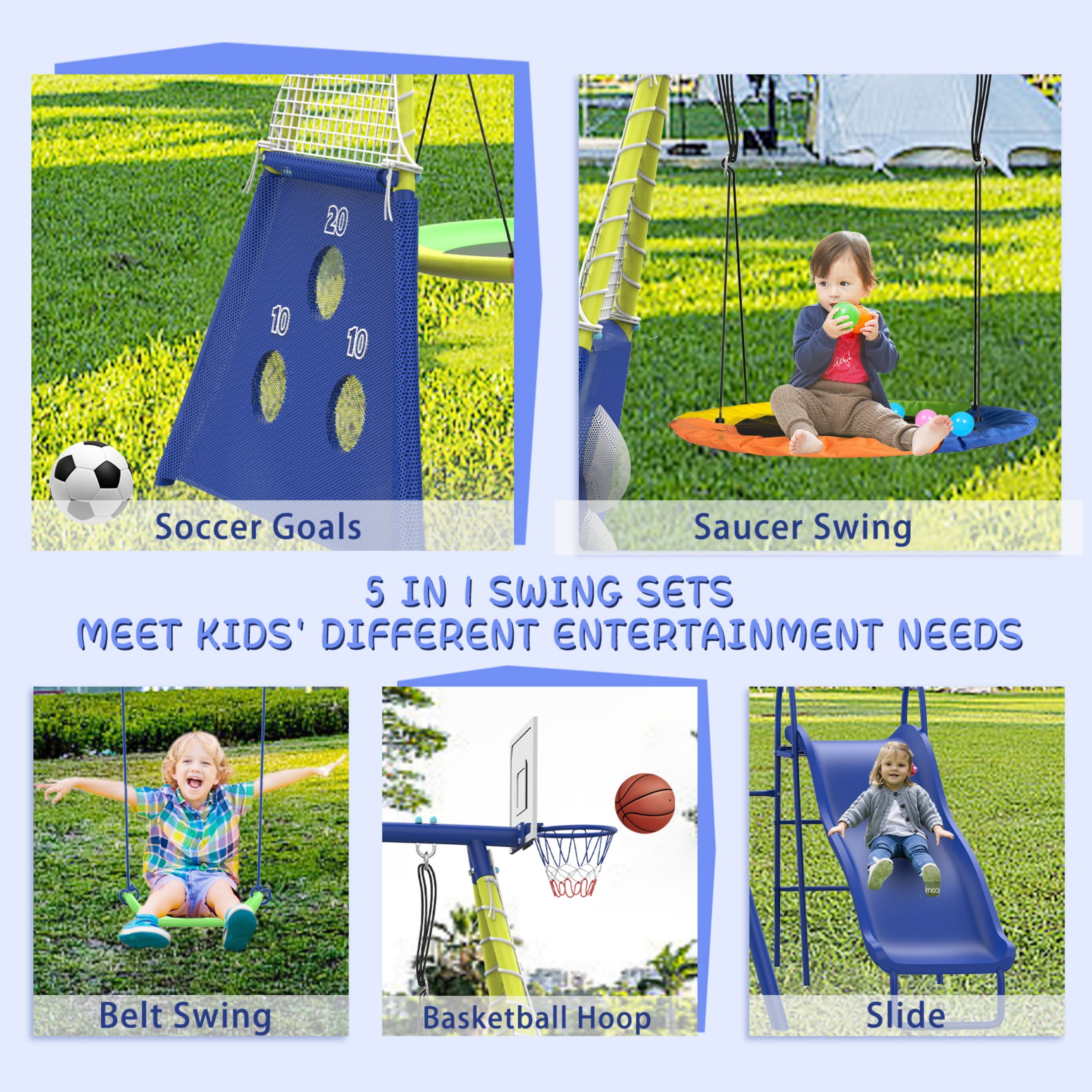 SENCHO GINSYTALIOR Swing Set With Climbing Ladder, Climbing Net, Trapeze bar, Hammock Swing, Belt Swing, Basketball hoop for Backyard