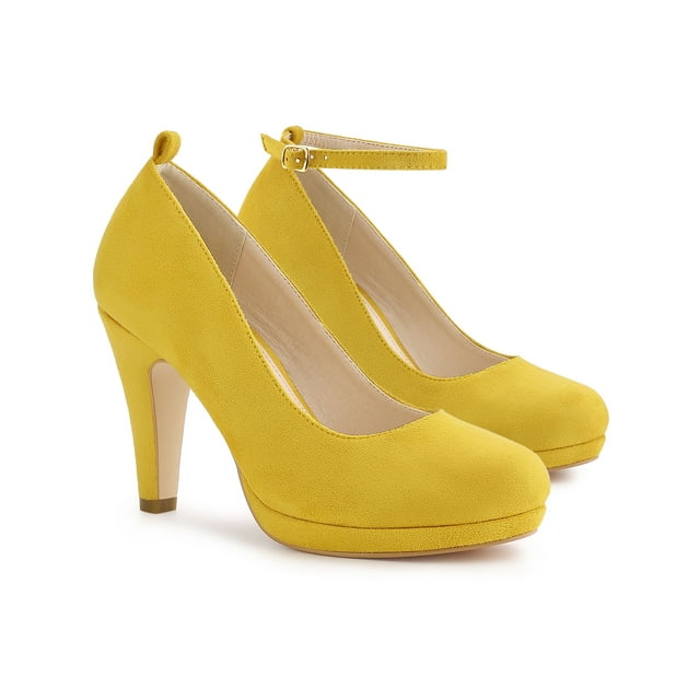 BLISSFUL STEP Chaussures pour Femmes Bout Rond Talon Aiguille Bride à la Cheville Escarpins Jaune 7