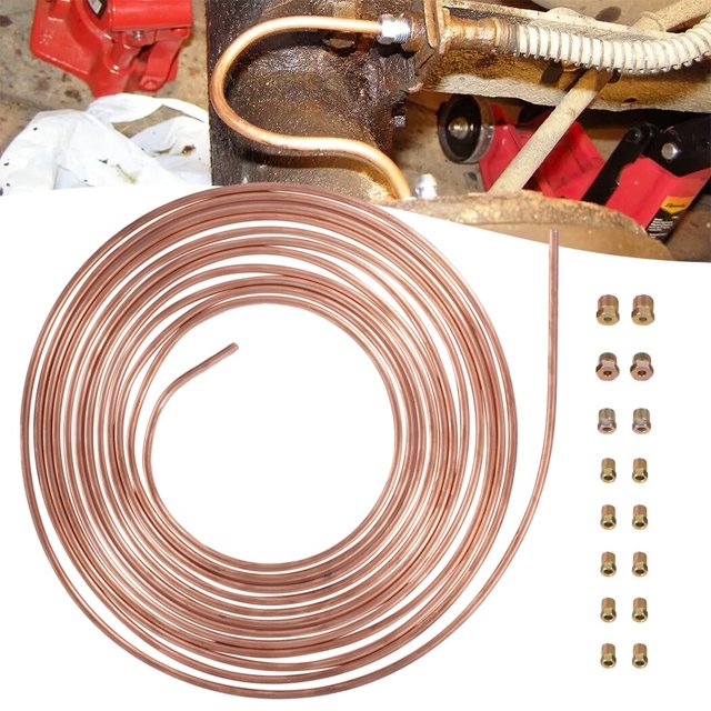 Brake Line Tubing Kit, 25ft Zinc-Coated Copper Brake Pipe, 3/16" Tubing Coil Roll with 16 Assorted Fittings, Non-Magnetic Automotive Replacement Brake Line