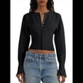 thumbnail image 2 of Suéteres Cortos para Mujer, con Botones, Larga, Cuello en V, Punto Acanalado, Corte Ajustado, Tops Cortos Negro S, 2 of 10