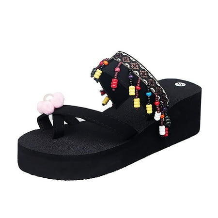 

GWAABD Fireside Slippers Womens Women s High Heeled Bohemian Clip Foot Flip Flop Thick Bottom Beach Fringed Sandals Beach Shoes