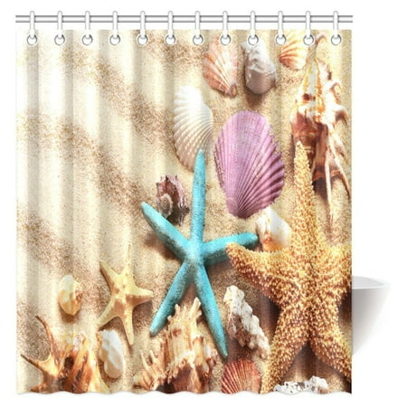 Seashell Themed Bathroom MYPOP Beach Theme Seashell Starfish Sand Polyester Fabric Shower Curtain Bathroom Sets with Hooks, 66 X 72 Inches ()